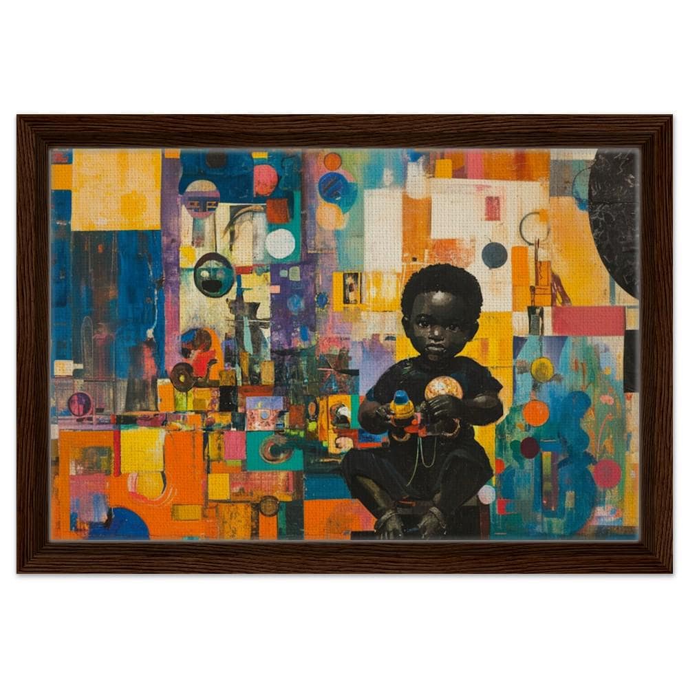 Vibrant Abstract Art of Black Child with Toys | Framed Wall Decor for Nurseries and Playrooms