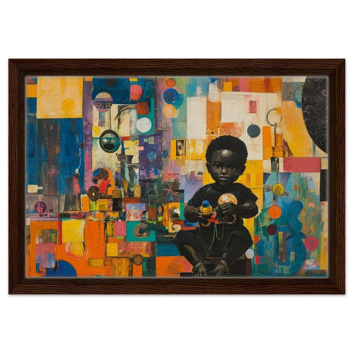 Vibrant abstract canvas art featuring a Black child playing with toys, ideal as African American wall art for nurseries and playrooms.