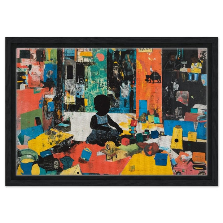 Colorful african american wall art depicting a joyful black child in a playful scene for a playroom setting.