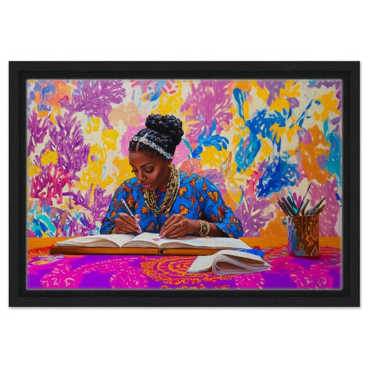 Framed Vibrant Writing Art | Black Woman Journaling Canvas | Bold Colorful Wall Decor for Office