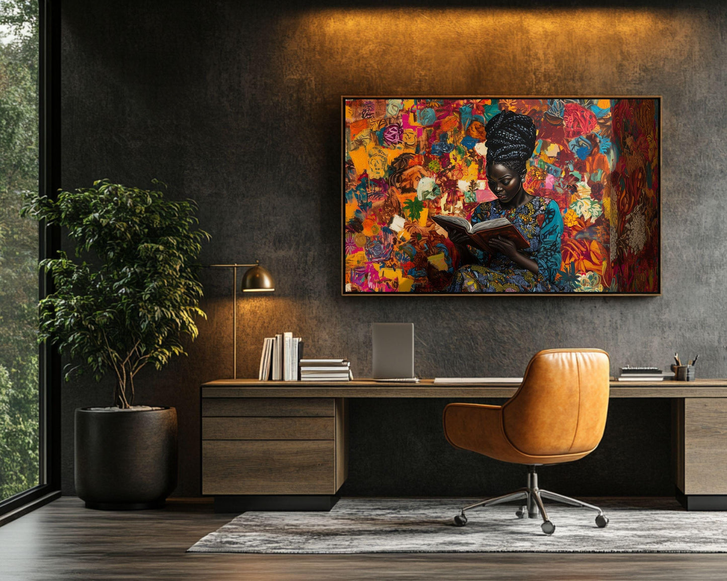 Framed Black Woman Reading Art | Vibrant Literary Canvas | Cultural Abstract Wall Decor for Living Room