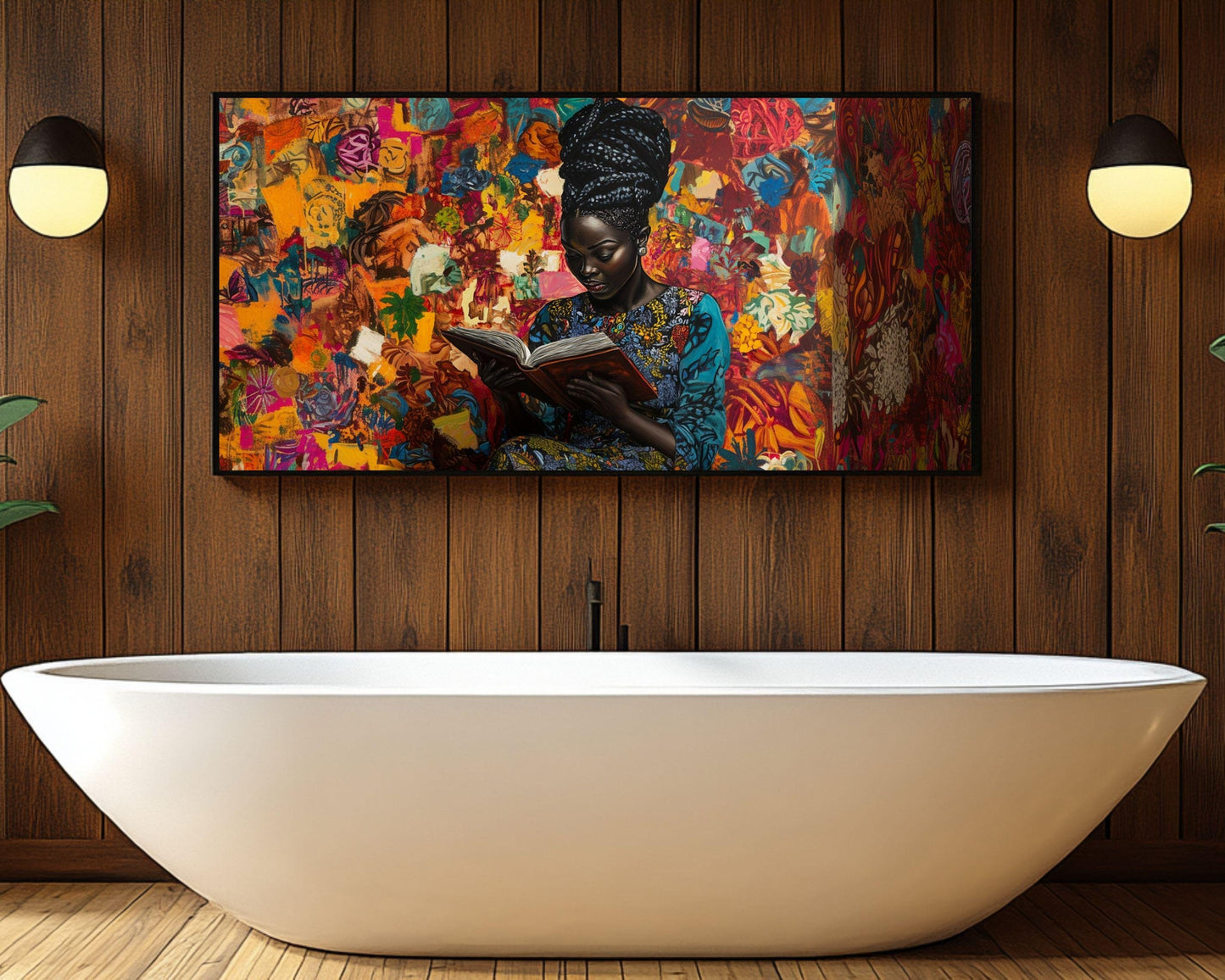 Framed Black Woman Reading Art | Vibrant Literary Canvas | Cultural Abstract Wall Decor for Living Room