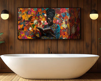 Vibrant canvas art featuring an African American woman in a colorful abstract style, perfect for adding flair to any space.