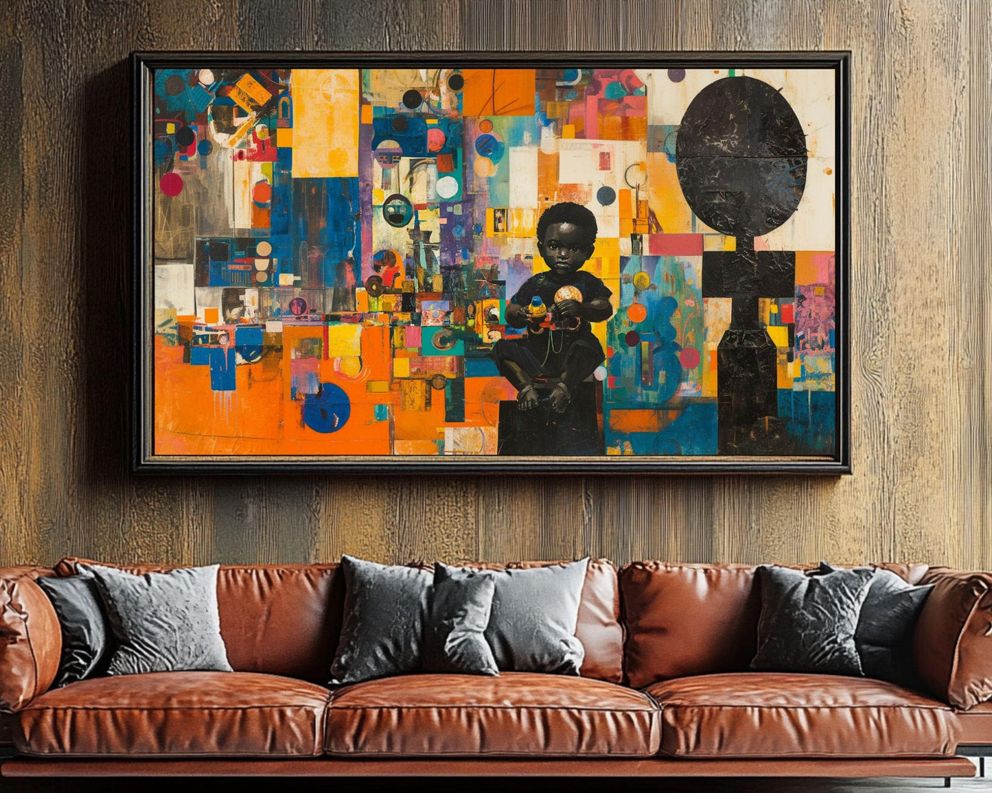 Vibrant Abstract Art of Black Child with Toys | Framed Wall Decor for Nurseries and Playrooms