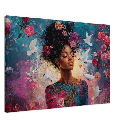 Harmonia Rosales Inspired Black Woman Canvas Art for Bedroom or Living Room, Floral Goddess Wall Decor, Valentine’s Day Gift