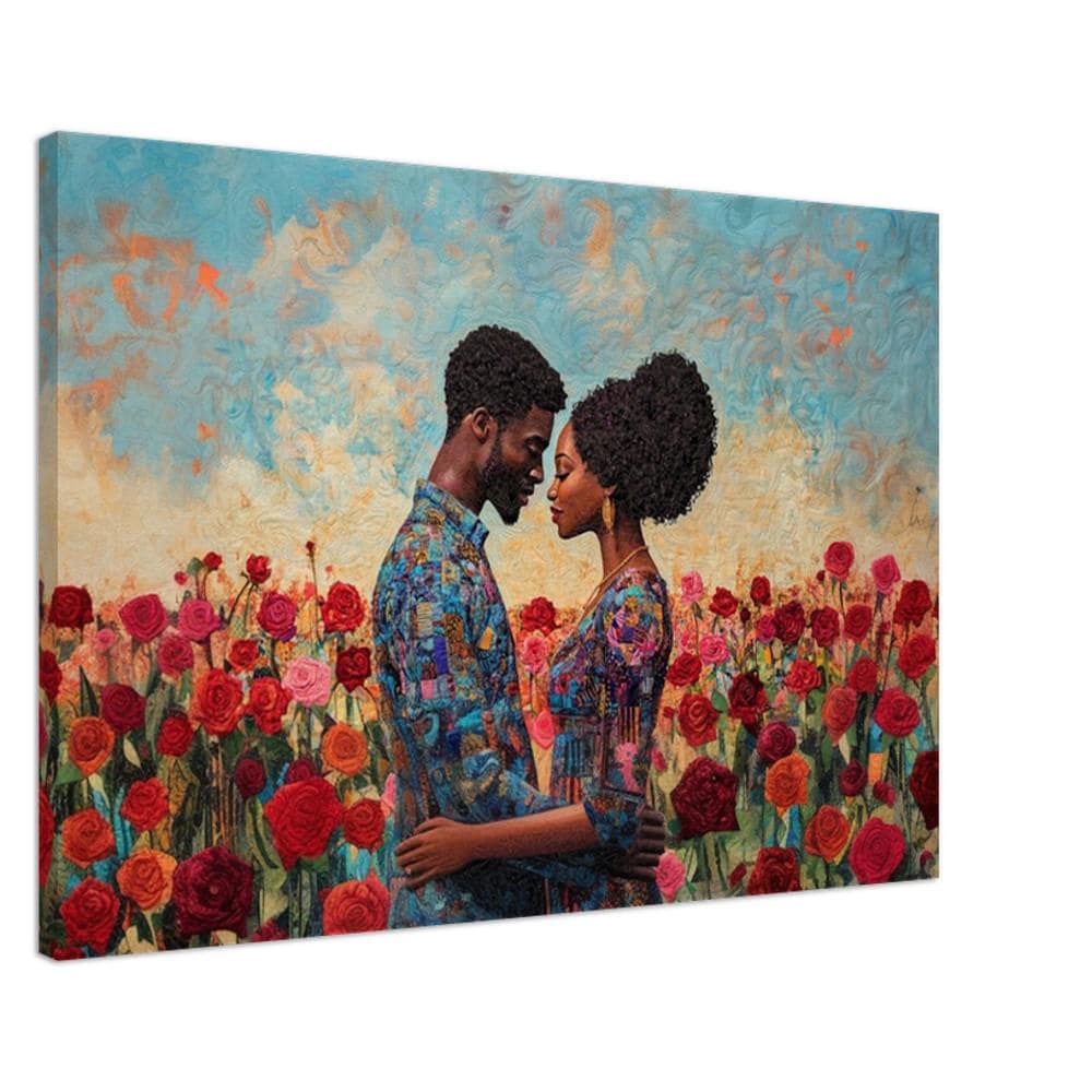 Romantic rose garden canvas featuring a black couple, perfect as African American wall art for home decor.