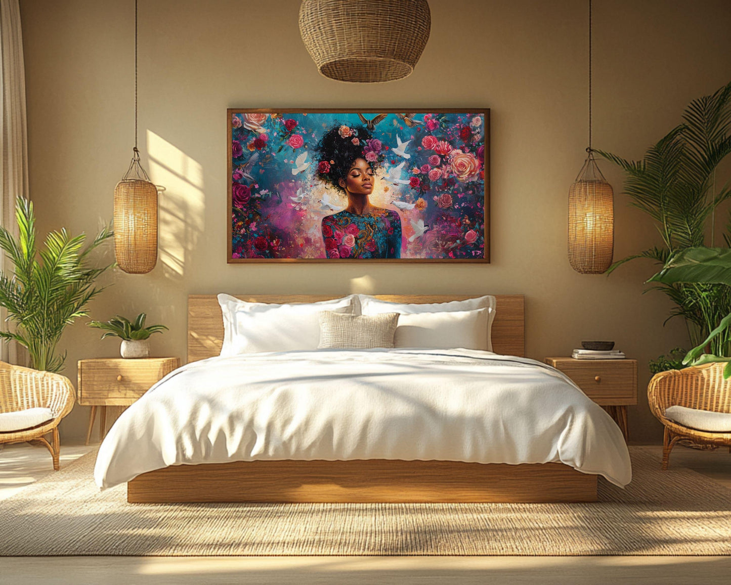 Harmonia Rosales Inspired Black Woman Canvas Art for Bedroom or Living Room, Floral Goddess Wall Decor, Valentine’s Day Gift