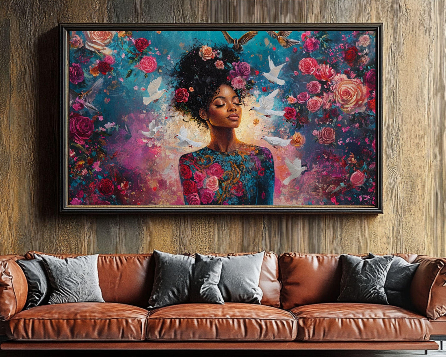 Harmonia Rosales Inspired Black Woman Canvas Art for Bedroom or Living Room, Floral Goddess Wall Decor, Valentine’s Day Gift