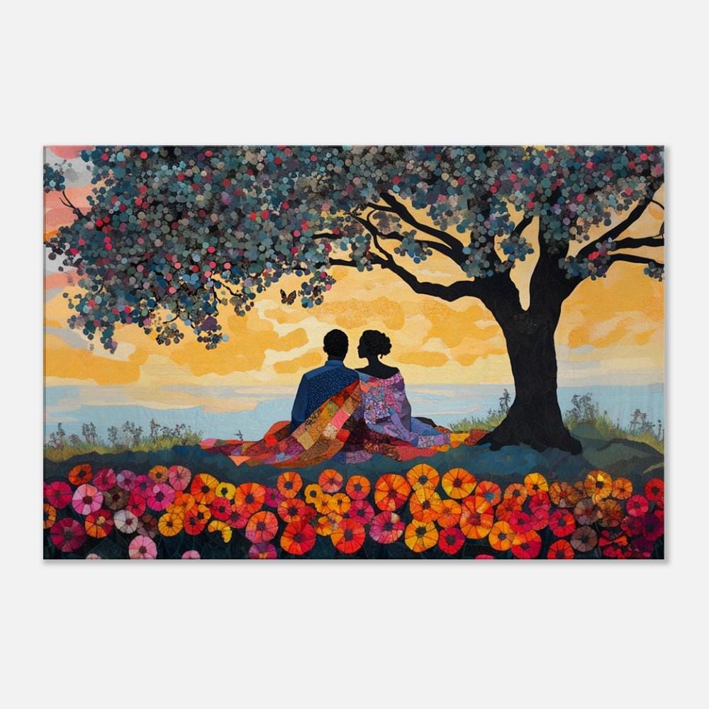 Romantic Sunset Picnic - Quilted Art Framed Canvas Wall Art for Bedroom or Living Room Wedding Gift