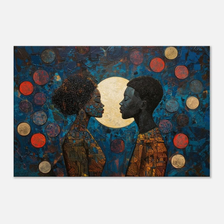 Moonlight Black Love canvas art showcasing a romantic embrace, perfect as African American wall art to enhance any space.