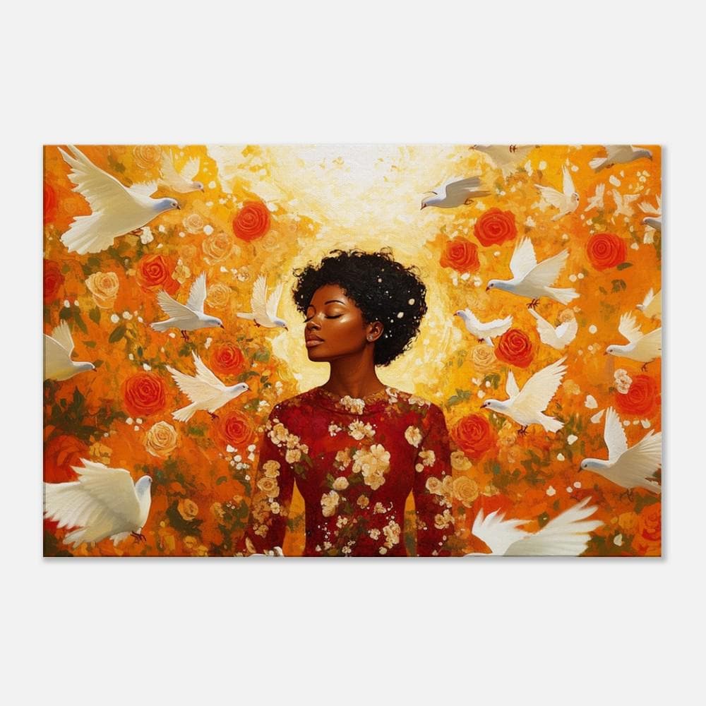 Golden Aura Black Goddess with Floral Glow African American canvas print by MoomZee Artwork