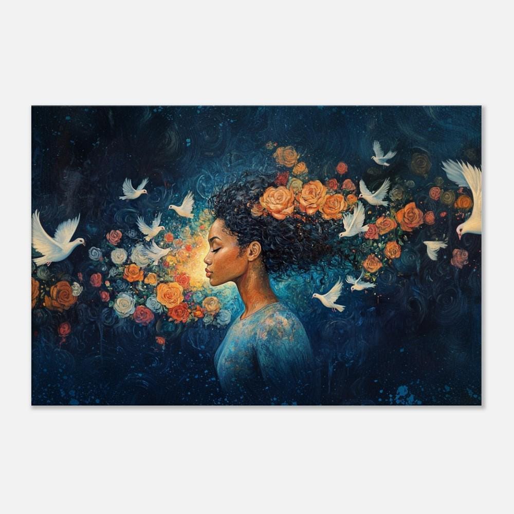 Midnight Bloom Black Goddess with Doves African American canvas print by MoomZee Artwork