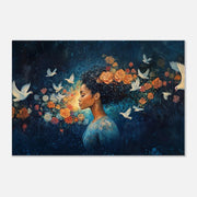 Midnight Bloom Black Goddess with Doves African American canvas print by MoomZee Artwork
