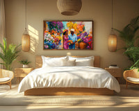 Vibrant abstract design in bold colors, showcasing cultural themes, perfect as African American wall art.