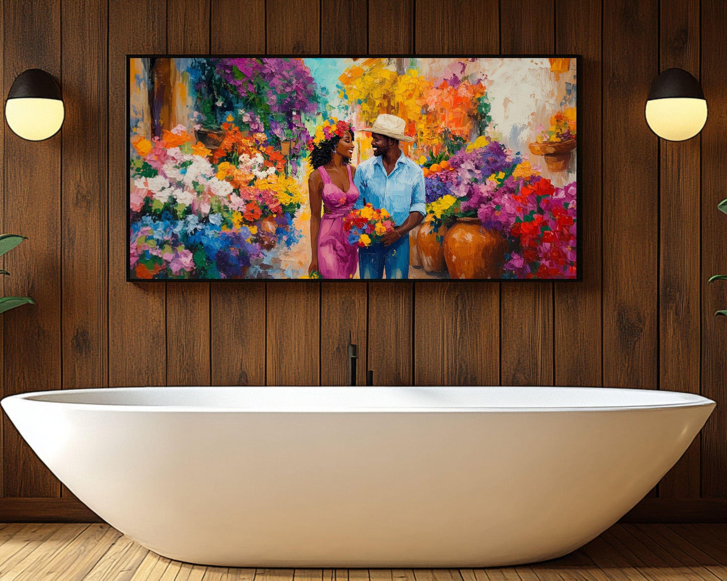 Lois Mailou Jones Inspired Caribbean Couple Canvas Art, Floral Romance Wall Decor, Valentine’s Day Gift