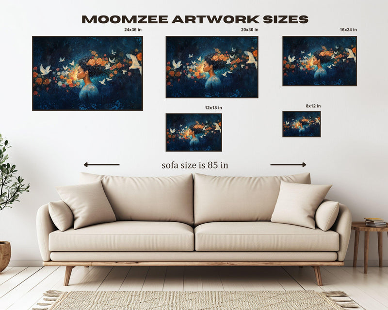 Midnight Bloom Wall Art – Black Goddess Canvas with Doves