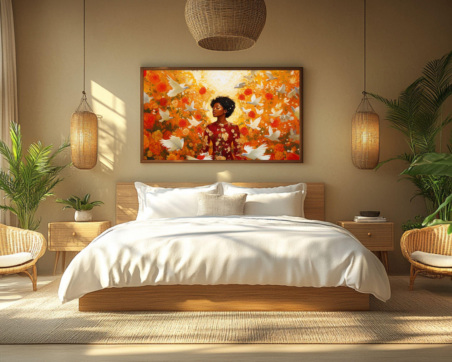 Harmonia Rosales Inspired Black Woman Canvas Art, Floral Goddess Wall Decor, Valentine’s Day Gift