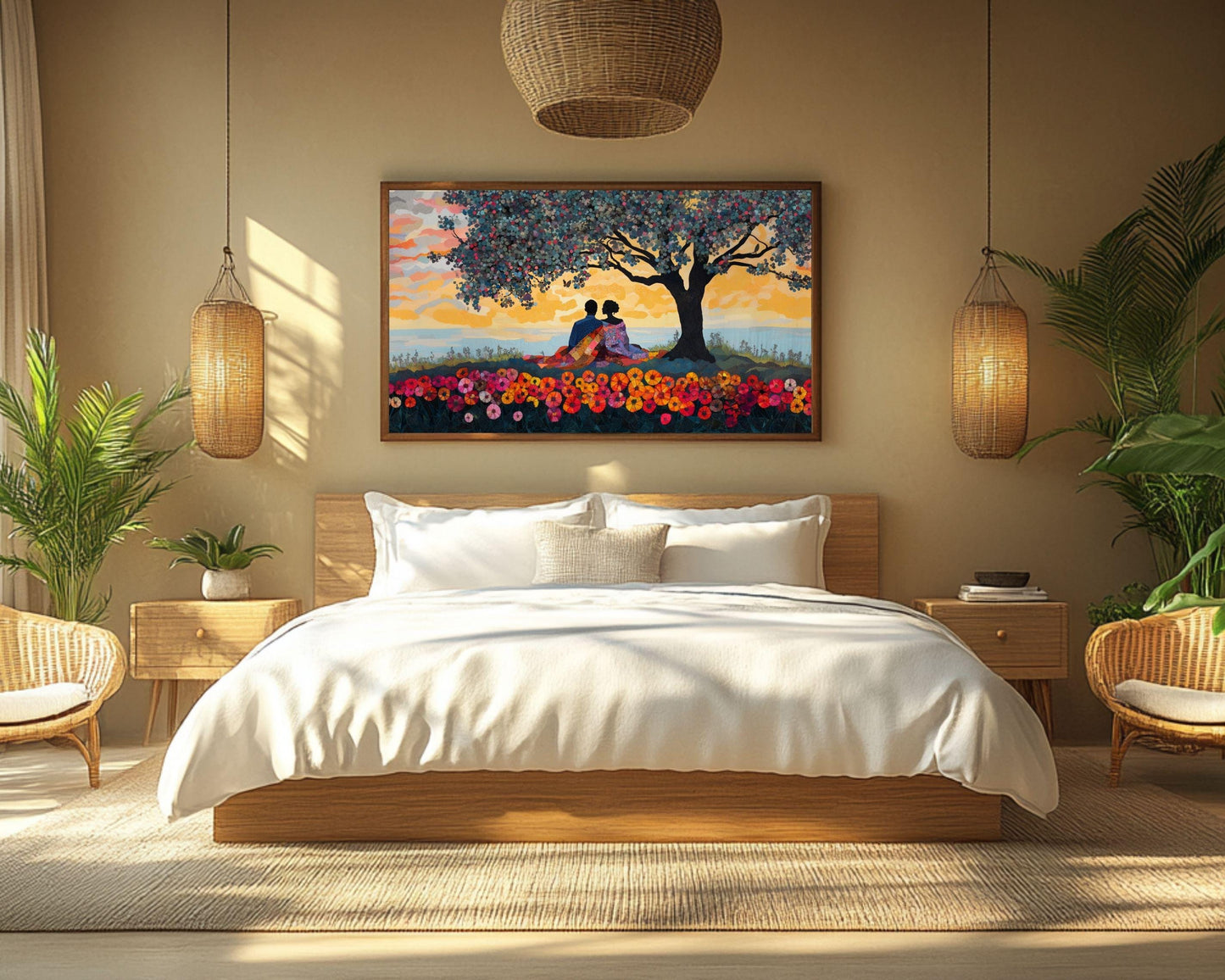 Romantic Sunset Picnic - Quilted Art Framed Canvas Wall Art for Bedroom or Living Room Wedding Gift