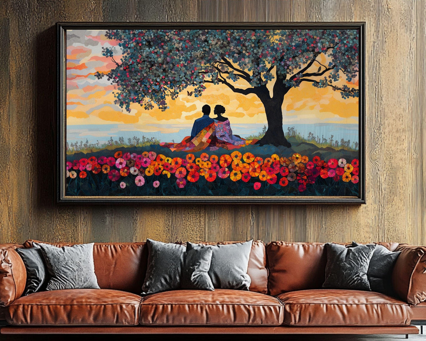 Romantic Sunset Picnic - Quilted Art Framed Canvas Wall Art for Bedroom or Living Room Wedding Gift