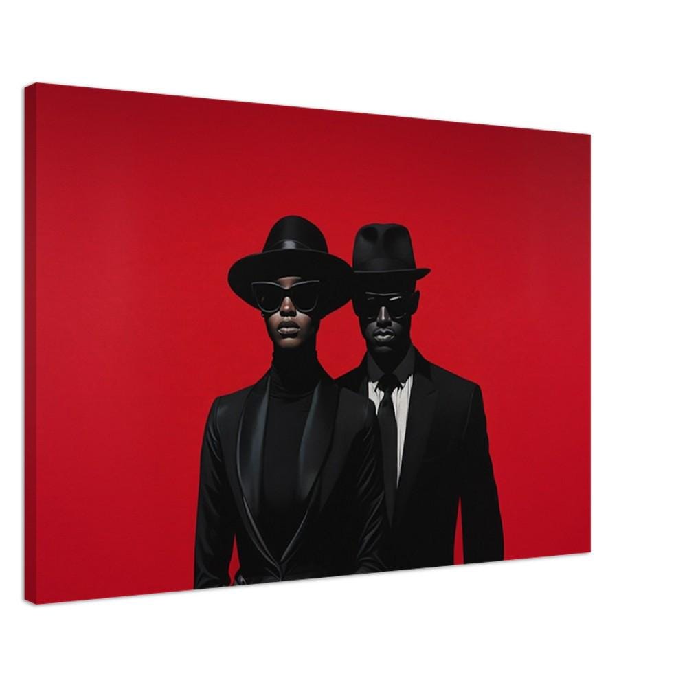 Bold Black couple depicted in vibrant red canvas art, showcasing powerful emotion, perfect as African American wall art.