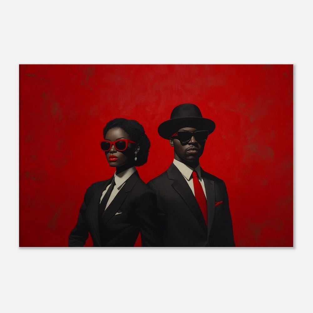 Elegant black couple artwork with bold red accents, perfect african american wall art for modern spaces.
