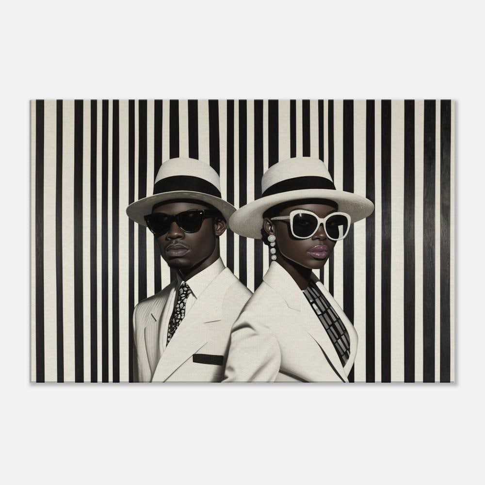 Elegant Black Couple in Striped Suits | Barkley L. Hendricks Inspired Art | Black and White Wall Canvas | Modern Home Decor