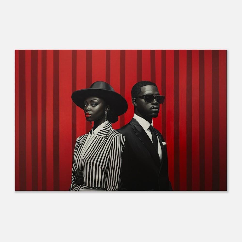 Black Couple in Striped Elegance Canvas | Barkley L. Hendricks Inspired Bold Red and Black Art | Modern Sophisticated Wall Art