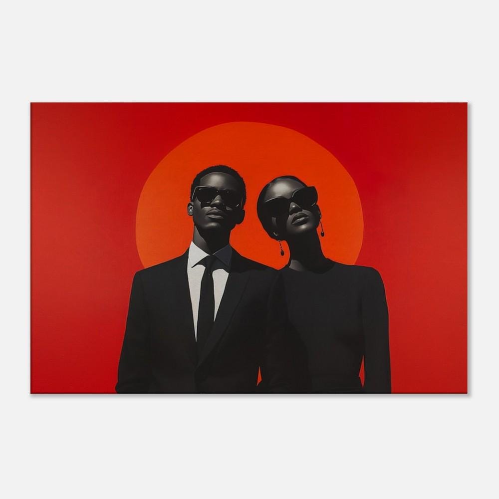 Confident Black couple depicted in vibrant red canvas art, ideal for adding a touch of african american wall art to your decor.