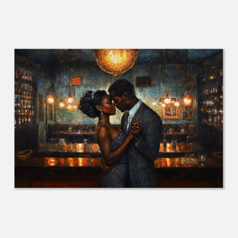 Romantic black couple dancing canvas art showcasing love and joy, perfect as African American wall art.