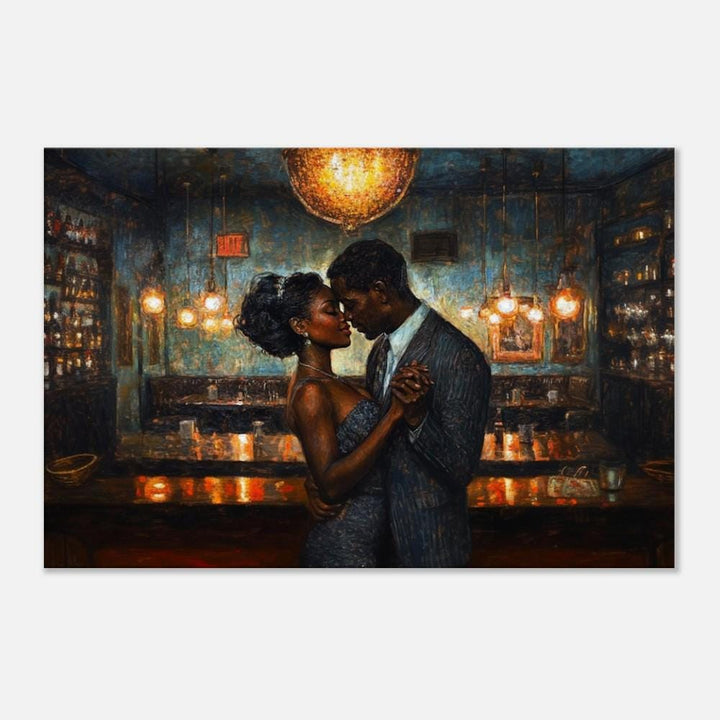 Romantic black couple dancing canvas art showcasing love and joy, perfect as African American wall art.