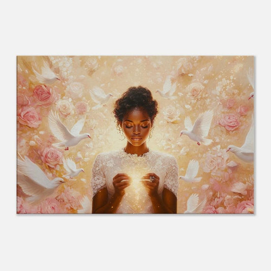 Ethereal Black Goddess Art | Harmonia Rosales Inspired Dove and Light Canvas | Spiritual Floral Wall Decor | Elegant Cultural Home Art