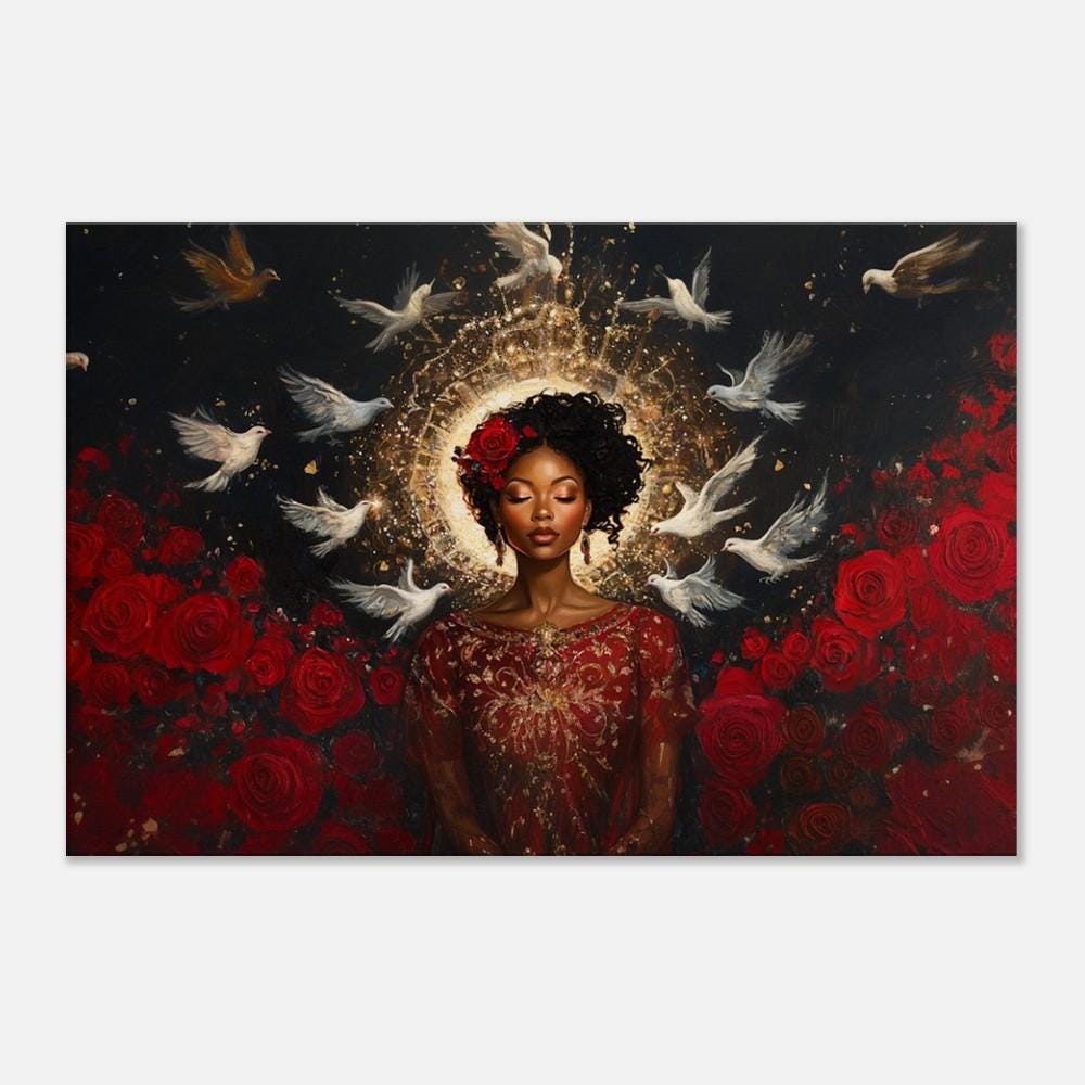 Divine Black Goddess Art | Harmonia Rosales Inspired Woman with Halo Canvas | Dove and Rose Wall Decor | Cultural Spiritual Home Art