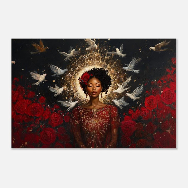 Radiant Black Goddess celestial canvas art, stunning addition to any space, celebrates beauty in african american wall art.