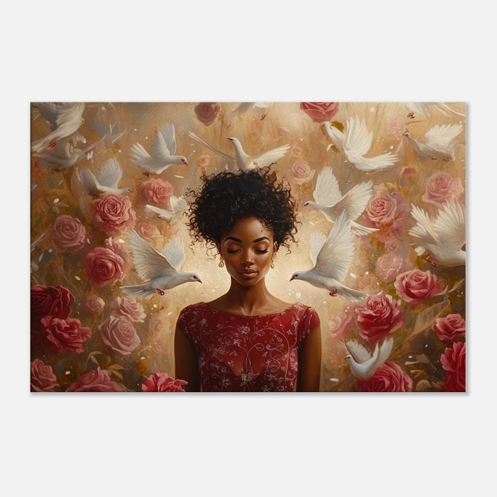 Divine Black Woman with Doves, a stunning piece of African American wall art celebrating strength and beauty.
