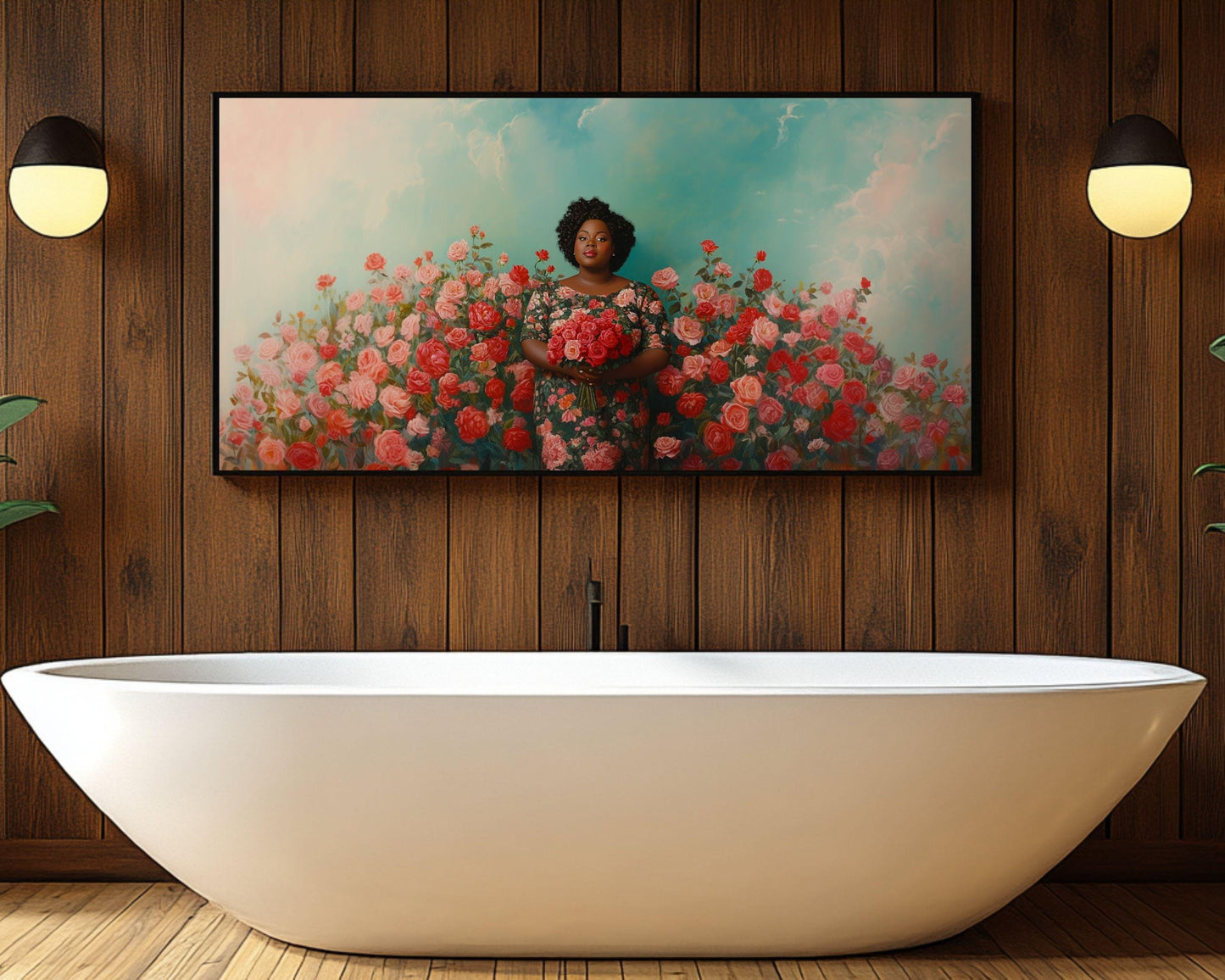 Confident Black Woman with Roses - Unframed Canvas Wall Art for Bedroom or Living Room Gift