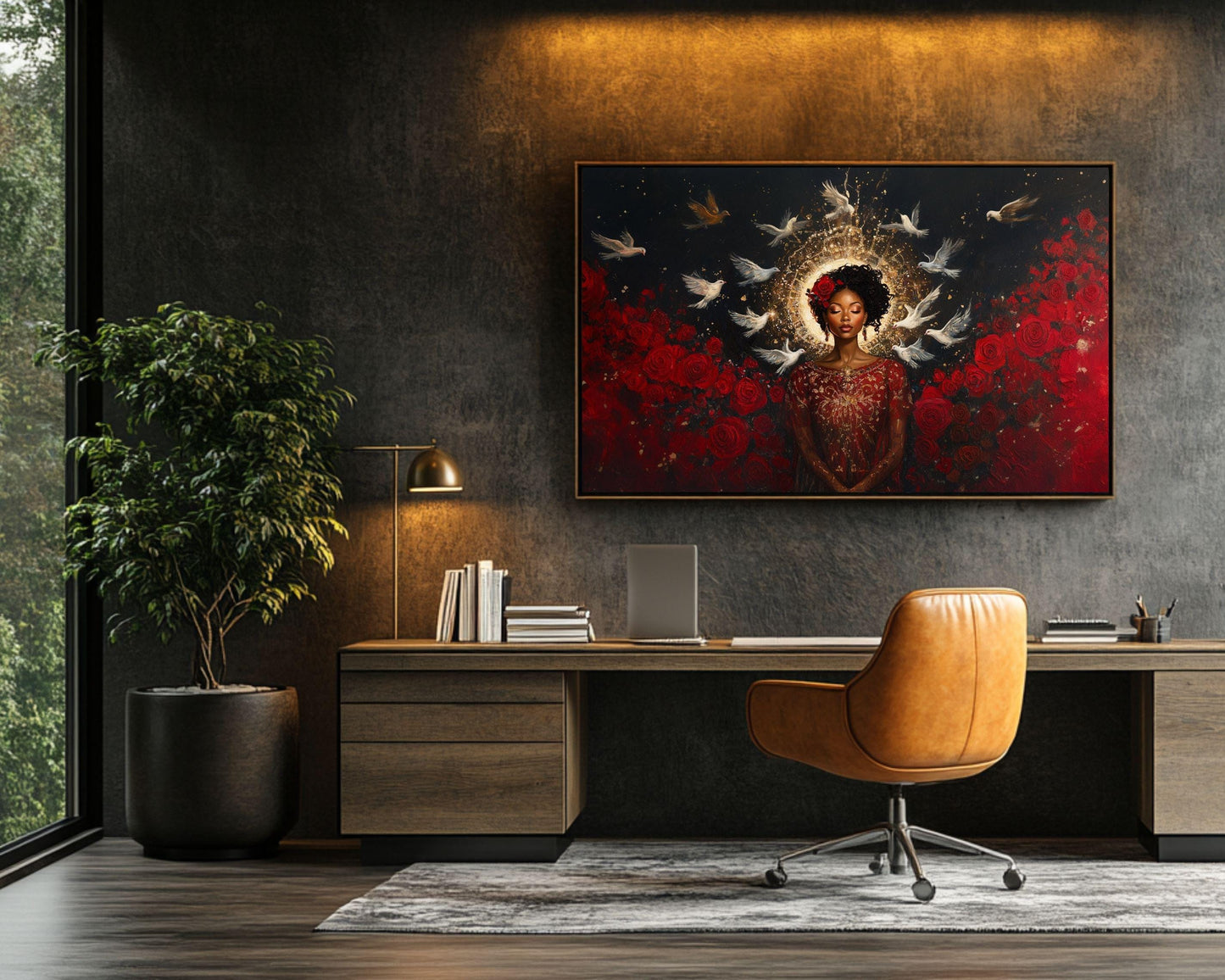 Divine Black Goddess Art | Harmonia Rosales Inspired Woman with Halo Canvas | Dove and Rose Wall Decor | Cultural Spiritual Home Art