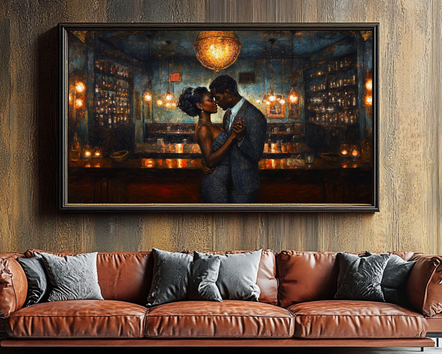 Lovers Dancing Canvas Art | Ernie Barnes Inspired Romantic Black Couple Wall Art | Elegant Bar Setting Painting | African American Art