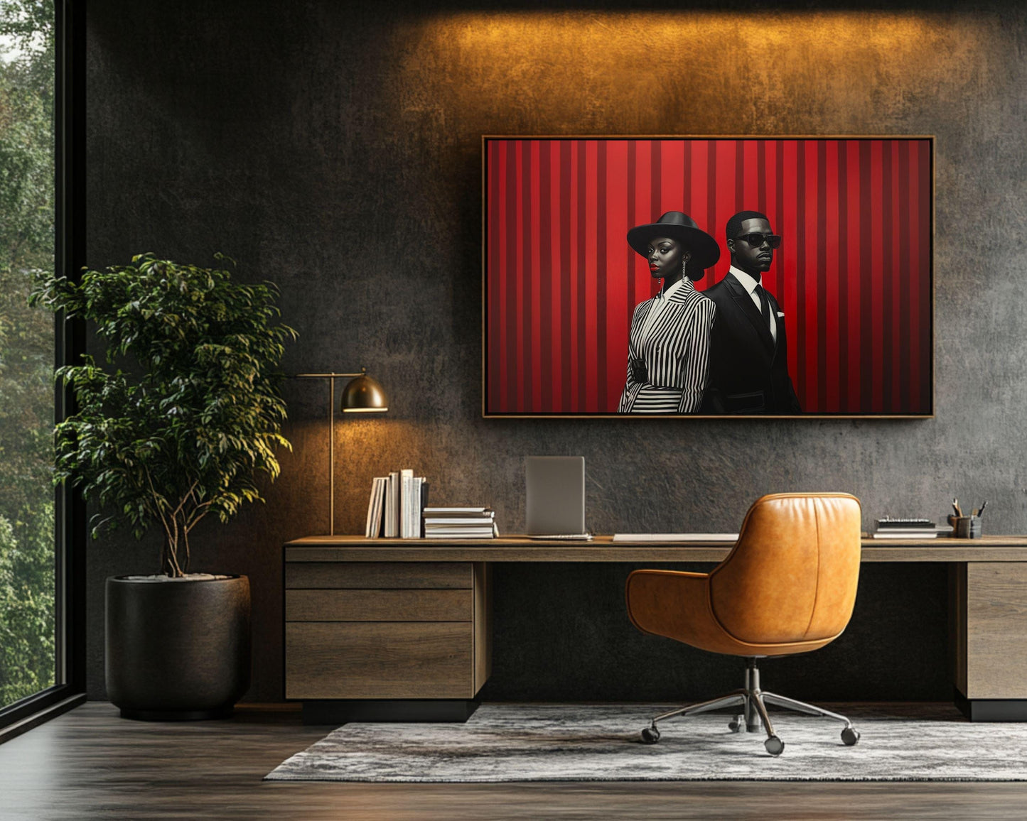 Black Couple in Striped Elegance Canvas | Barkley L. Hendricks Inspired Bold Red and Black Art | Modern Sophisticated Wall Art