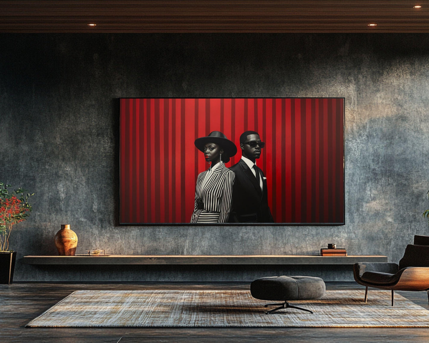 Black Couple in Striped Elegance Canvas | Barkley L. Hendricks Inspired Bold Red and Black Art | Modern Sophisticated Wall Art