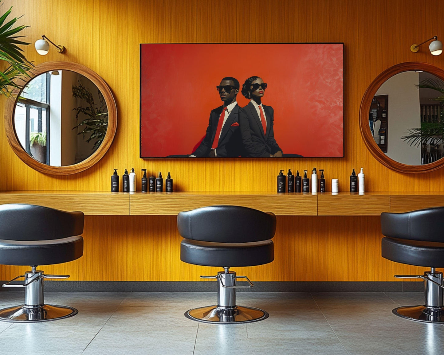 Black Excellence Wall Art | Barkley L. Hendricks Inspired Bold Red Canvas | Stylish Couple in Formal Suits