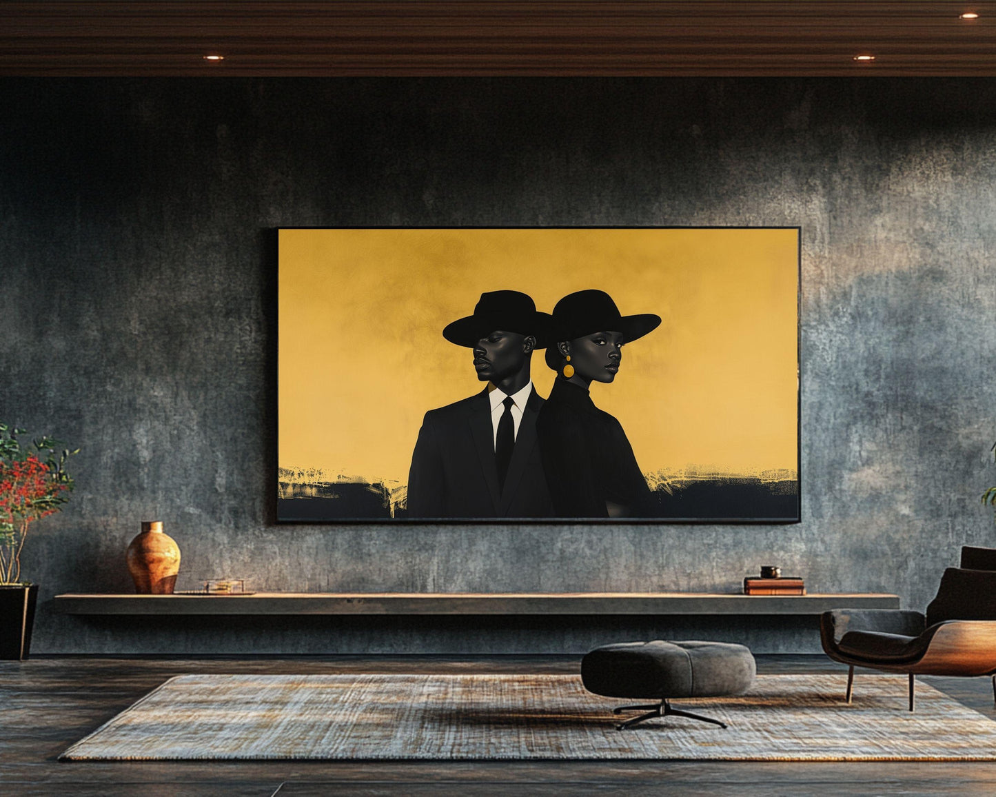 Modern Black Couple in Gold Wall Art | Barkley L. Hendricks Inspired Painting | Bold Statement Canvas for Home Decor