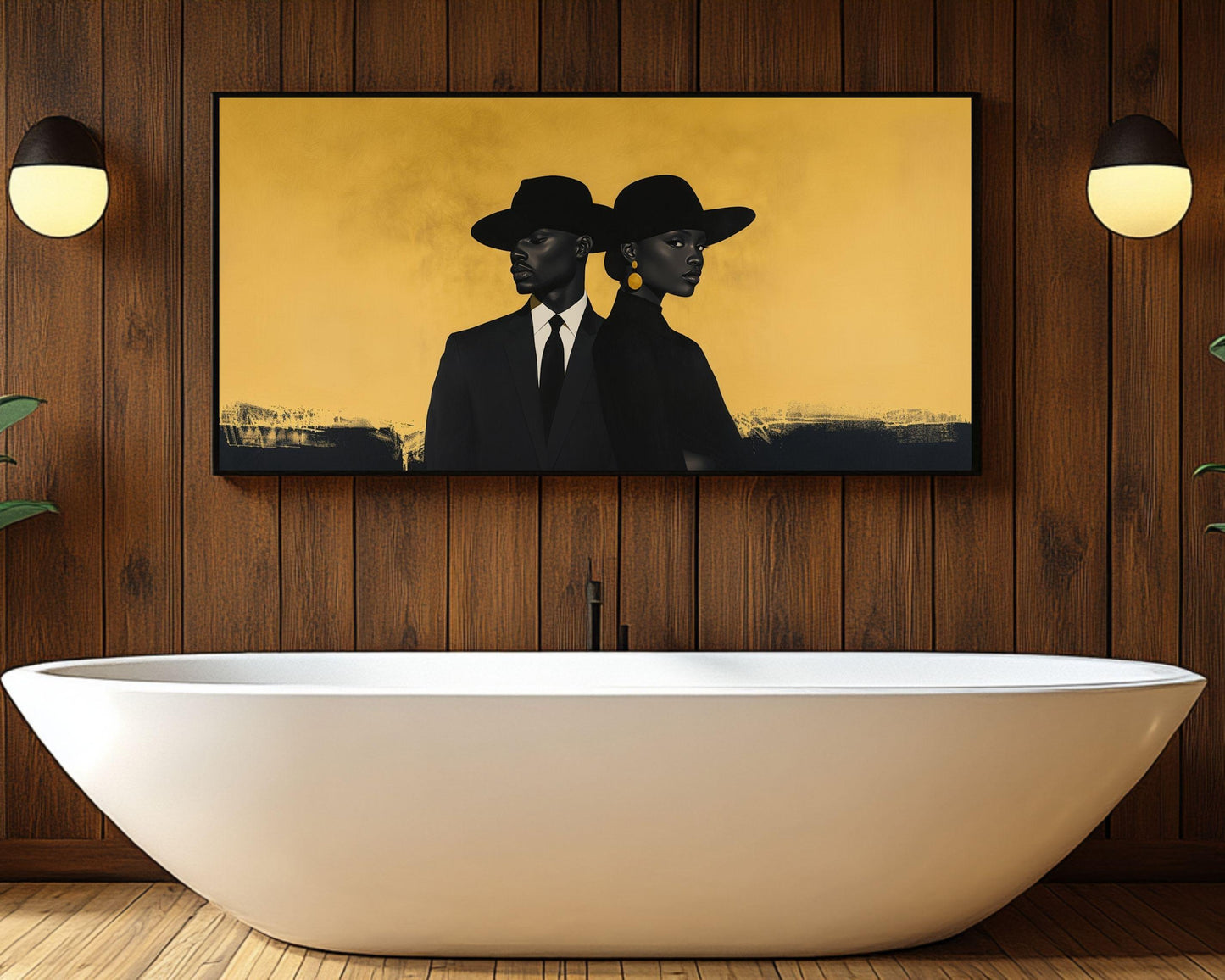 Modern Black Couple in Gold Wall Art | Barkley L. Hendricks Inspired Painting | Bold Statement Canvas for Home Decor