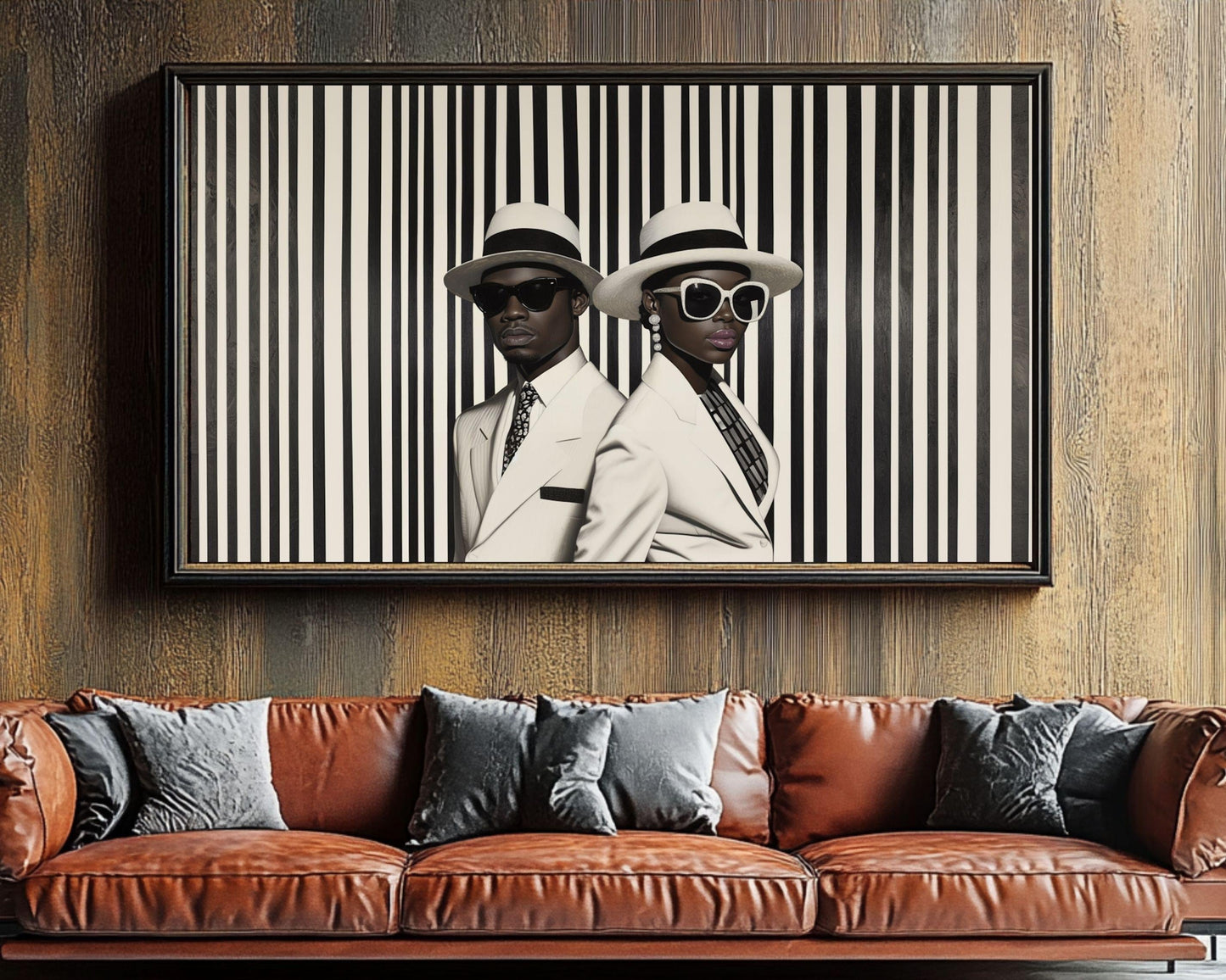 Elegant Black Couple in Striped Suits | Barkley L. Hendricks Inspired Art | Black and White Wall Canvas | Modern Home Decor