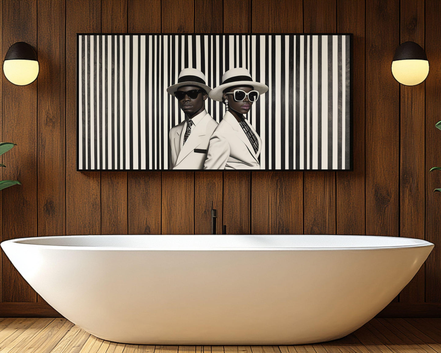 Elegant Black Couple in Striped Suits | Barkley L. Hendricks Inspired Art | Black and White Wall Canvas | Modern Home Decor