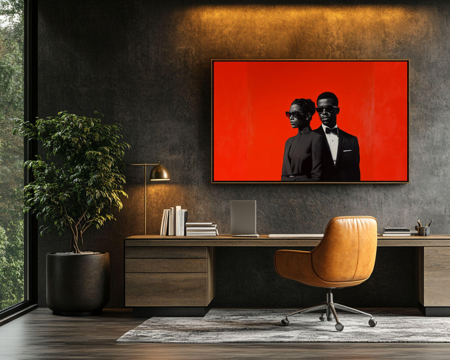 Black Couple in Formal Black Attire | Barkley L. Hendricks Inspired Red Backdrop Art | Modern Canvas Wall Decor | Black Love Art