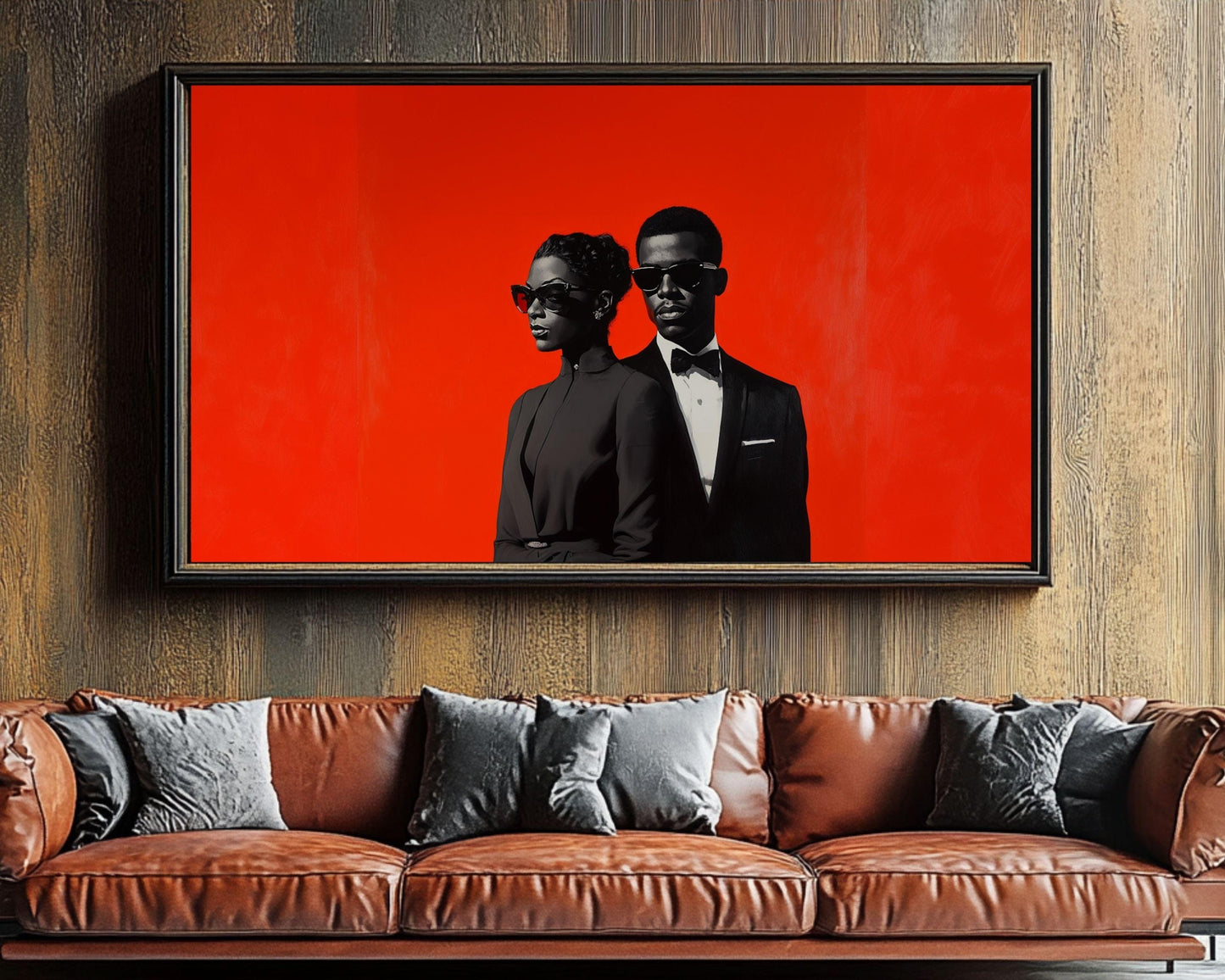 Black Couple in Formal Black Attire | Barkley L. Hendricks Inspired Red Backdrop Art | Modern Canvas Wall Decor | Black Love Art