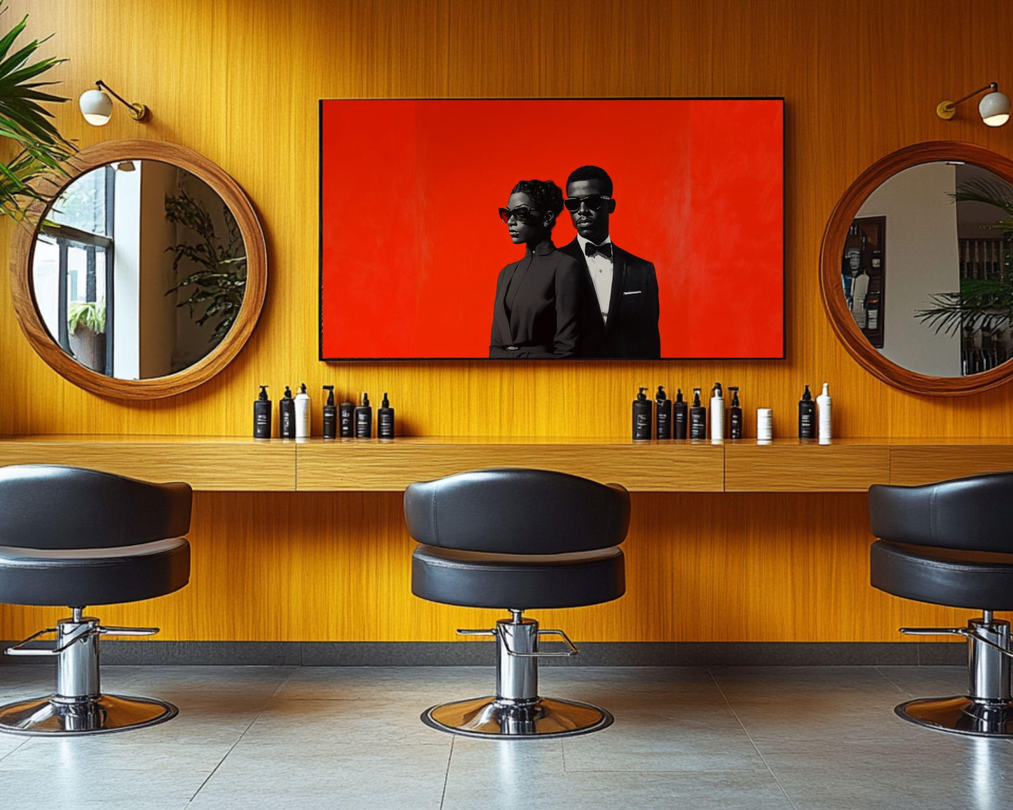 Black Couple in Formal Black Attire | Barkley L. Hendricks Inspired Red Backdrop Art | Modern Canvas Wall Decor | Black Love Art