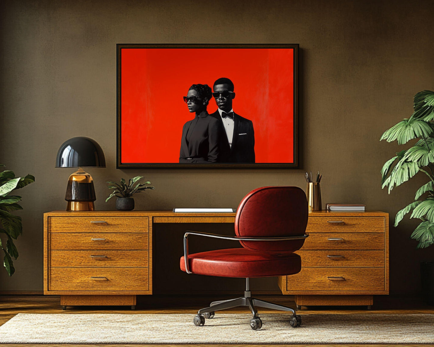 Black Couple in Formal Black Attire | Barkley L. Hendricks Inspired Red Backdrop Art | Modern Canvas Wall Decor | Black Love Art