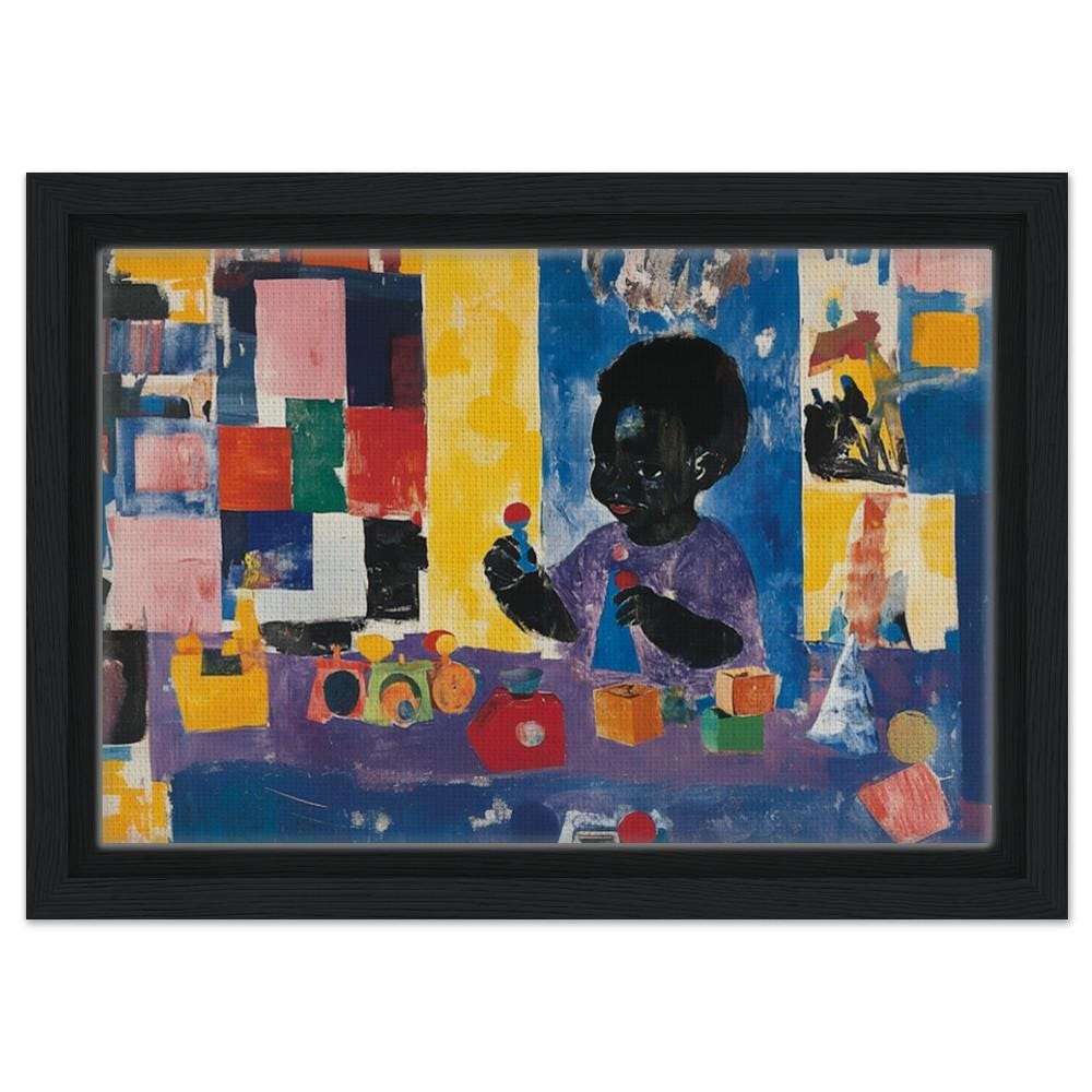 Abstract artwork featuring a Black child at play, perfect as vibrant African American wall art for your space.