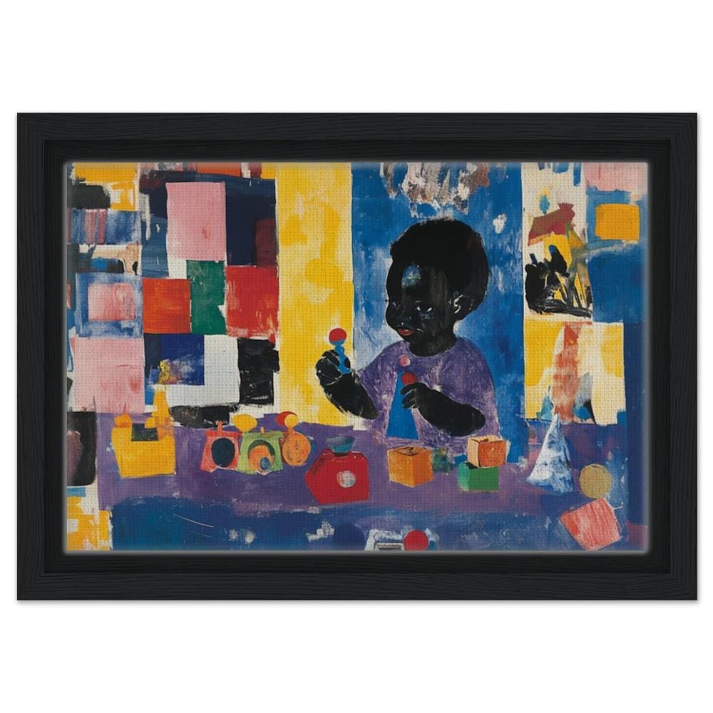 Framed Abstract Art of Black Child with Toys | Vibrant Colorful Wall Decor